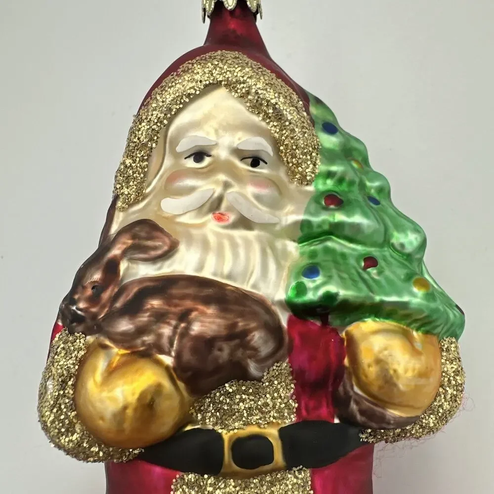 VTG German Blown Glass Santa Ornament Christmas Red Gold Glitter‎ Lauscha Style